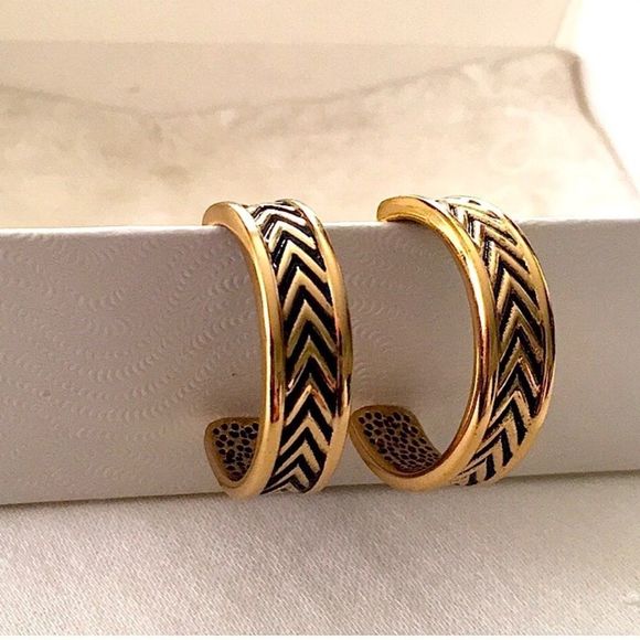 BARSE Bronze Hoop Earrings With Black Herringbone Accent - Picture 1 of 7